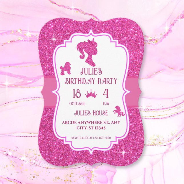 Rosa fancy glitter gnistra docka födelsedag  inbjudningar (Skapare uppladdad)