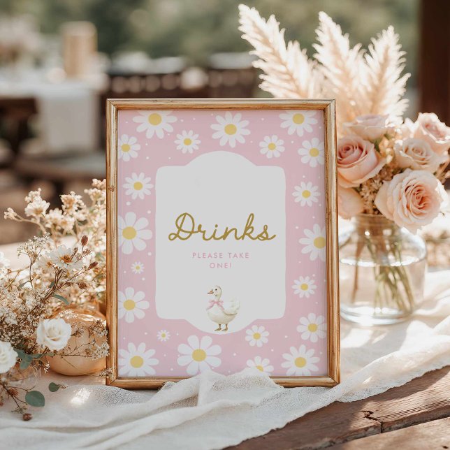 Rosa Fånig Goose and Daisy Drink Pub Sign Poster (Pink Silly Goose Girl Baby Shower Drinks sign)