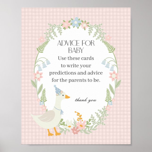 Rosa Fånig Goose Blommigt Gingham Advice for Baby Poster (Framsidan)