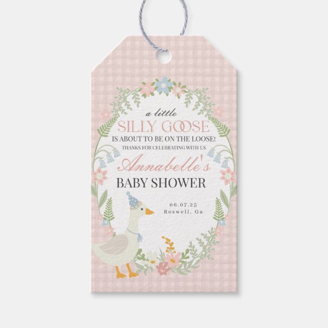 Rosa Fånig Goose Blommigt Gingham Baby Shower-favo Presentetikett (Framsidan)