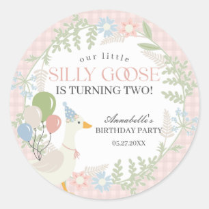 Rosa Fånig Goose Blommigt Gingham Baby Shower Favu Runt Klistermärke