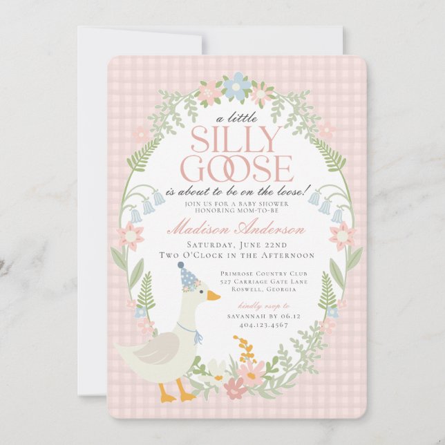 Rosa Fånig Goose Blommigt Gingham Baby Shower Inbjudningar (Framsida)
