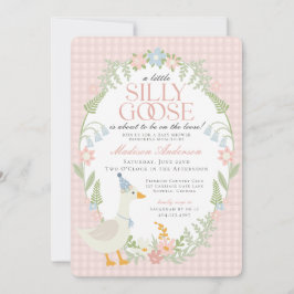 Rosa Fånig Goose Blommigt Gingham Baby Shower Inbjudningar