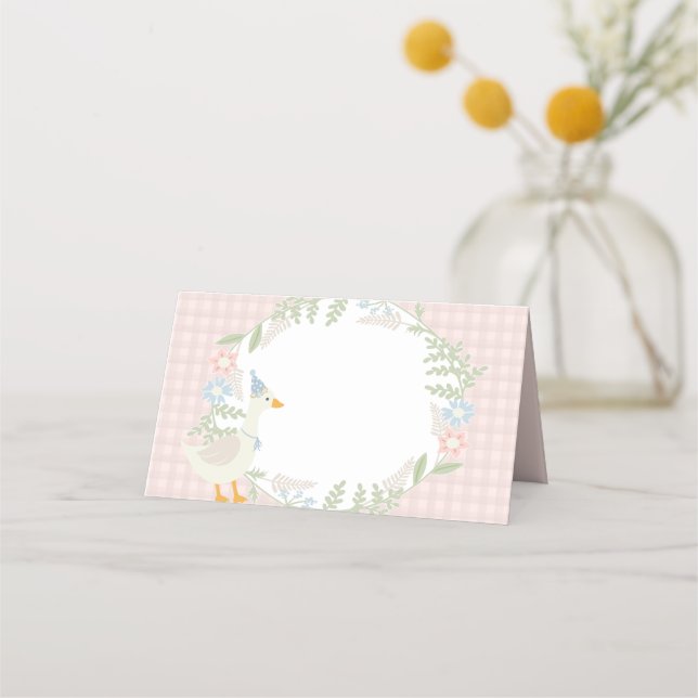 Rosa Fånig Goose Blommigt Gingham Baby Shower Placeringskort (Framsida)