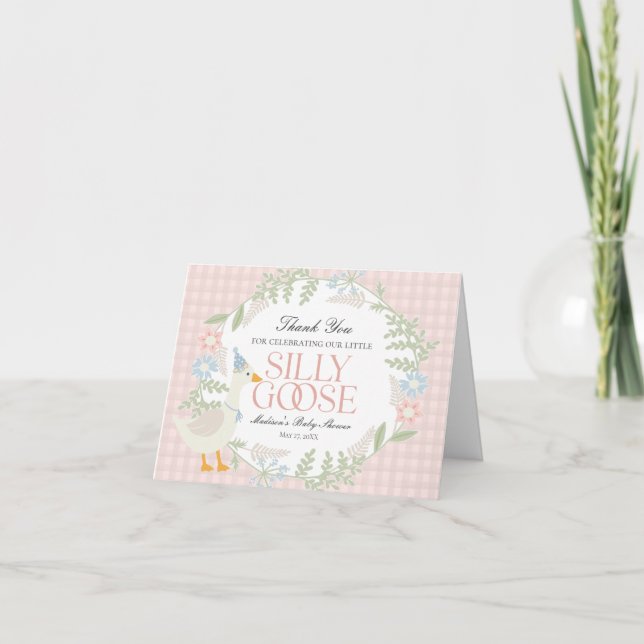 Rosa Fånig Goose Blommigt Gingham Baby Shower Tack Kort (Framsida)