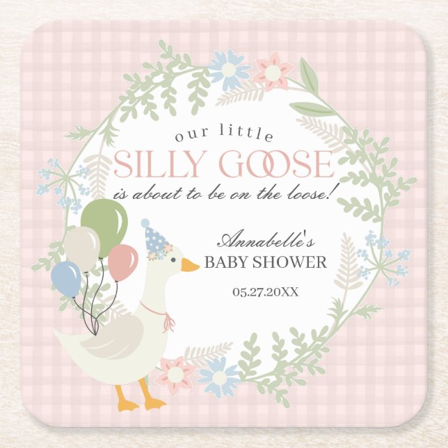 Rosa Fånig Goose Blommigt Gingham Baby Shower Underlägg Papper Kvadrat (Framsidan)