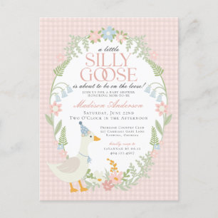 Rosa Fånig Goose Blommigt Gingham Baby Shower Vykort