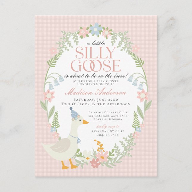 Rosa Fånig Goose Blommigt Gingham Baby Shower Vykort (Framsida)