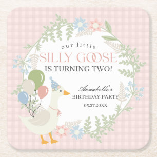 Rosa Fånig Goose Blommigt Gingham Birthday Underlägg Papper Kvadrat