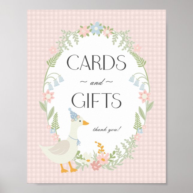 Rosa Fånig Goose Blommigt Gingham Cards and Gifts Poster (Framsidan)