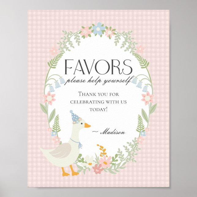 Rosa Fånig Goose Blommigt Gingham Favors Sign Poster (Framsidan)