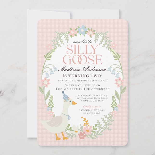 Rosa Fånig Goose Blommigt Gingham Födelsedagsfest Inbjudningar (Framsida)