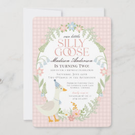 Rosa Fånig Goose Blommigt Gingham Födelsedagsfest Inbjudningar