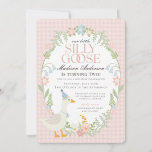 Rosa Fånig Goose Blommigt Gingham Födelsedagsfest Inbjudningar
