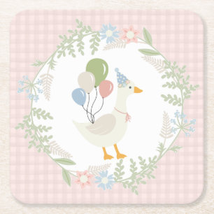 Rosa Fånig Goose Blommigt Gingham Papper Underlägg Papper Kvadrat