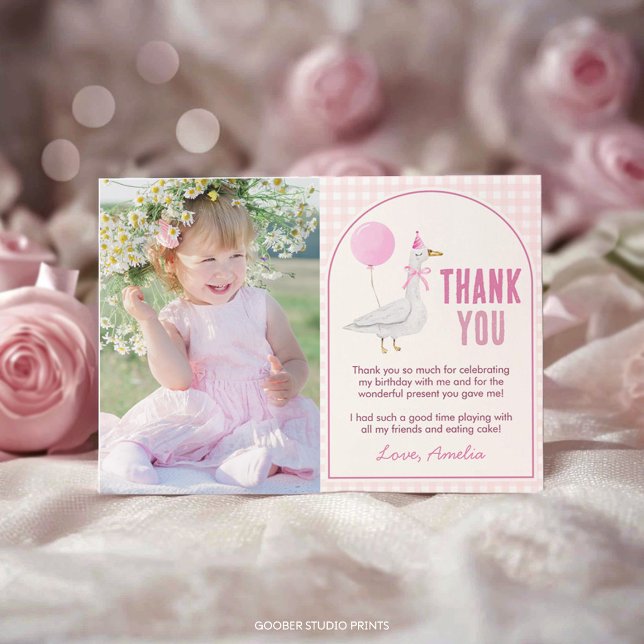 Rosa Fånig Goose Cute Balloon Girl Birthday Photo Tack Kort (Skapare uppladdad)
