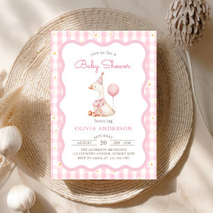 Rosa Fånig Goose Daisy Gingham Baby Shower Inbjudningar
