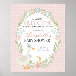 Rosa Fånig Goose Gingham Baby Shower Välkomsttecke Poster