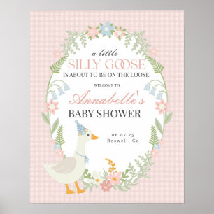 Rosa Fånig Goose Gingham Baby Shower Välkomsttecke Poster