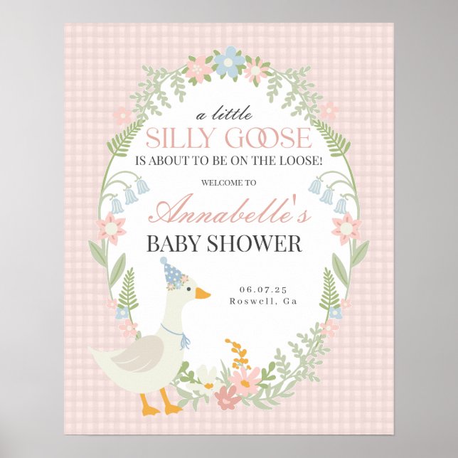 Rosa Fånig Goose Gingham Baby Shower Välkomsttecke Poster (Framsidan)