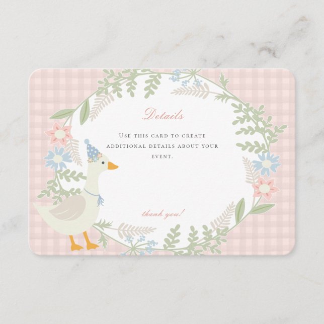 Rosa Fånig Goose Gingham Blommigt Information Tilläggskort (Framsida)