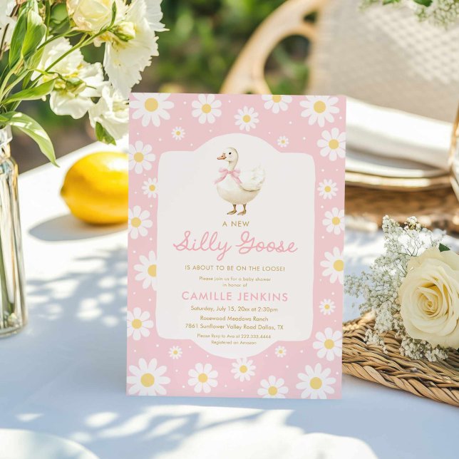 Rosa Fånig Goose Girl Baby Shower-inbjudan Inbjudningar (Pink Silly goose Girl baby shower )