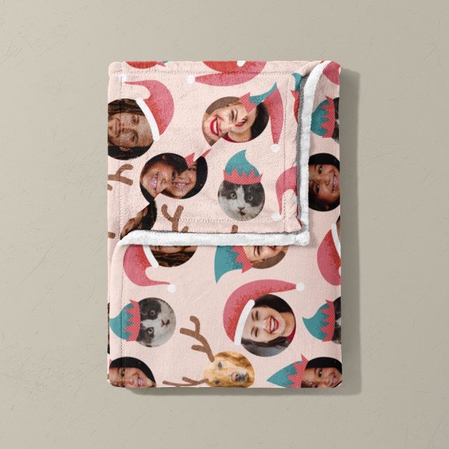 Rosa Fånig jul besättning sex foton Fleecefilt (Christmas Crew six photo fleece blanket in pink and blue)