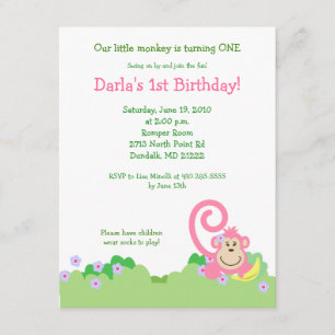 Rosa Fånig Monkey Jungle 4x5 Girl Birthday Inbjudningar
