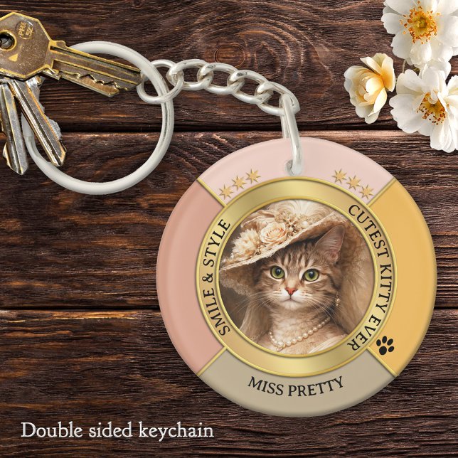 Rosa fantastisk chic kattfoto  (Elegant feminine keychain featuring your custom cat photo framed by pink terra cotta and gold design)