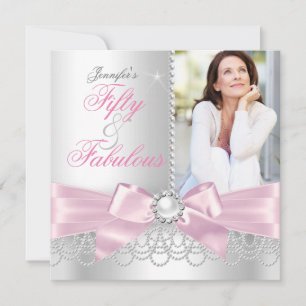 Rosa fantastiska 50 bows vita pärlor foto födelsed inbjudningar