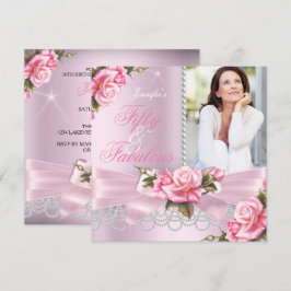 Rosa fantastiska 50 ros båge pärlor foto födelseda inbjudningar