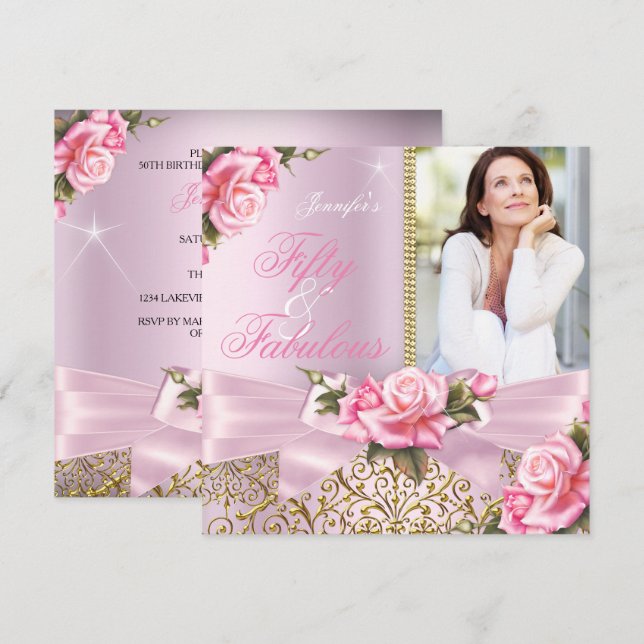 Rosa fantastiska 50 rosbåge foto födelsedagsfest inbjudningar (Fram/baksida)