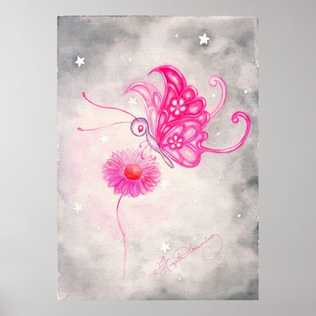 Rosa Fantasy Butterfly On Daisy Poster (Framsidan)