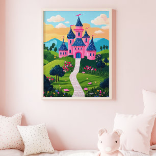 Rosa Fantasy Castle Sunset liggande Wall Art Poster