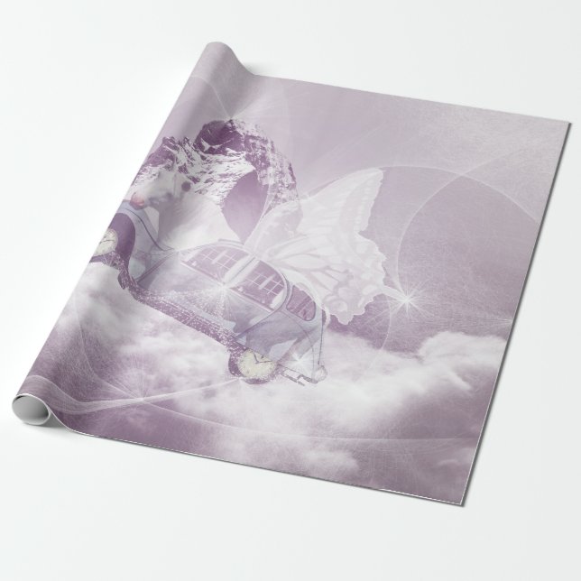 Rosa Fantasy Flies Horse Car Butterfly Fairy Vinge Presentpapper (Utrullad)