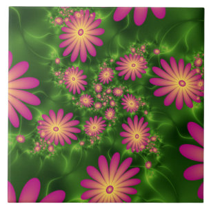 Rosa Fantasy Flowers Modern Abstrakt Fractal Art Kakelplatta