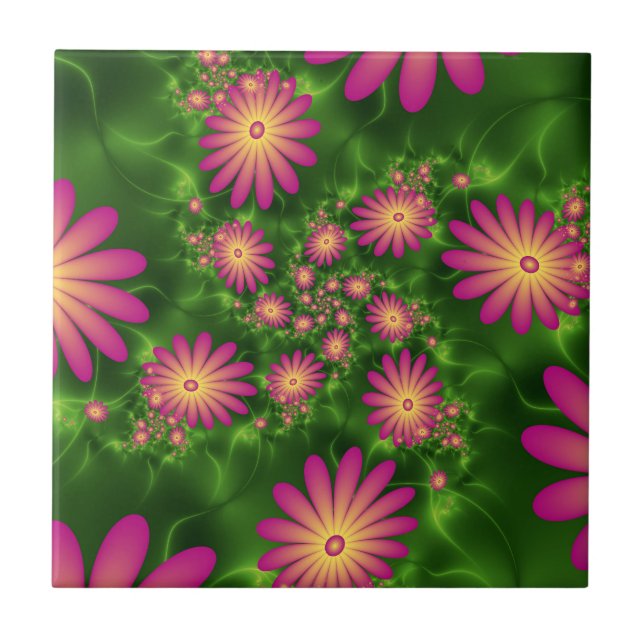 Rosa Fantasy Flowers Modern Abstrakt Fractal Art Kakelplatta (Framsidan)