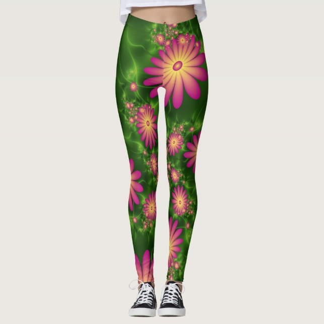 Rosa Fantasy Flowers Modern Abstrakt Fractal Art Leggings (Framsida)