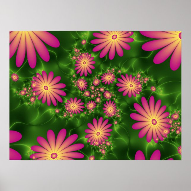 Rosa Fantasy Flowers Modern Abstrakt Fractal Art Poster (Framsidan)