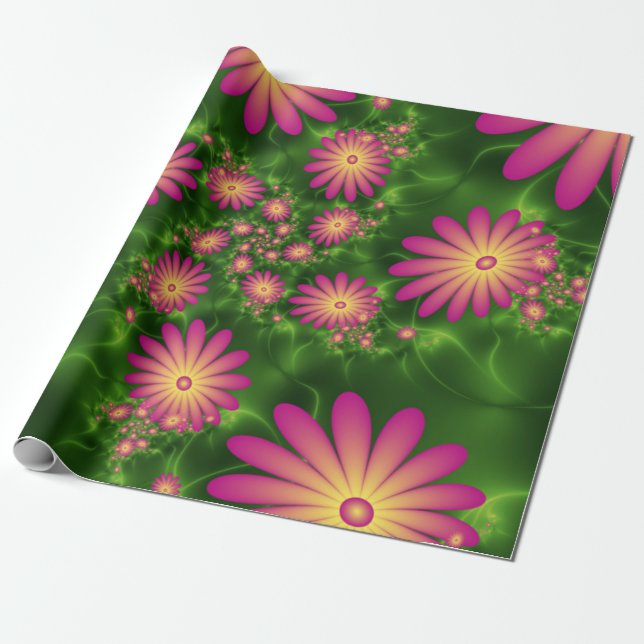 Rosa Fantasy Flowers Modern Abstrakt Fractal Art Presentpapper (Utrullad)