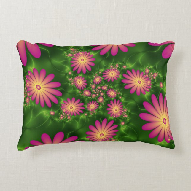 Rosa Fantasy Flowers Modern Abstrakt Fractal Art Prydnadskudde (Framsidan)