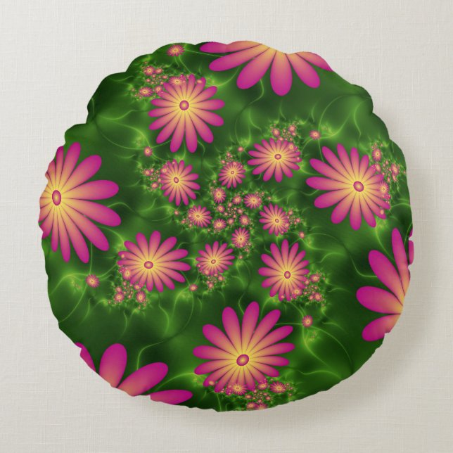 Rosa Fantasy Flowers Modern Abstrakt Fractal Art Rund Kudde (Framsidan)