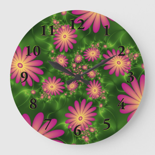 Rosa Fantasy Flowers Modern Abstrakt Fractal Art Stor Klocka (Framsida)