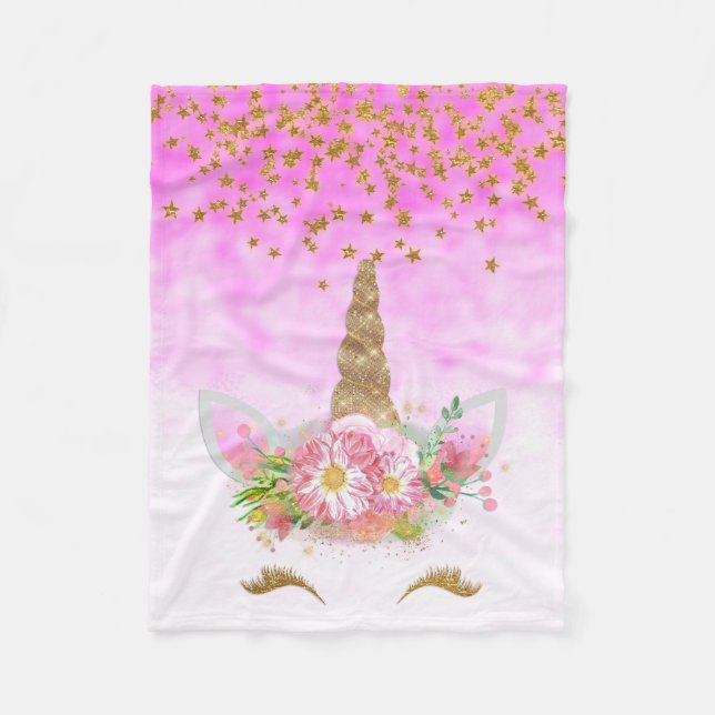 Rosa Fantasy och Golden Stars Unicorn Fleecefilt (Framsidan)