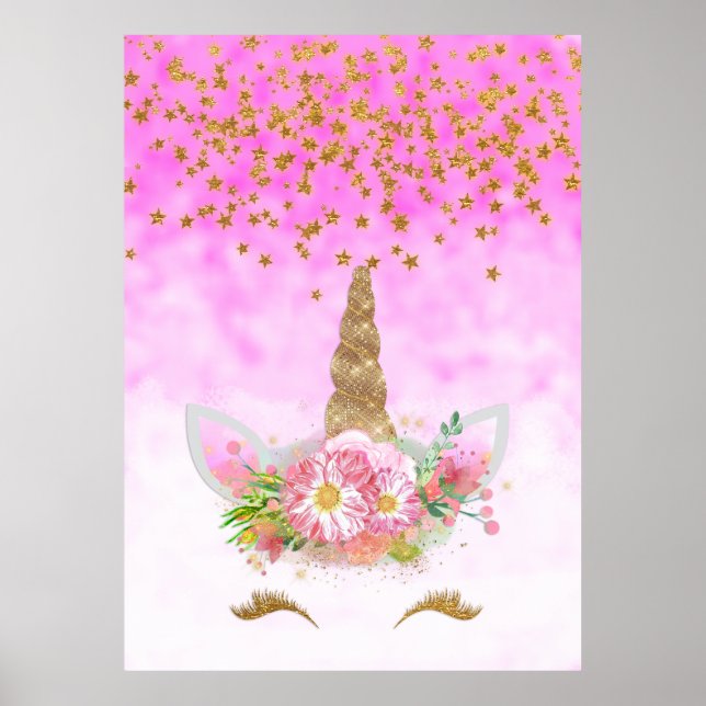 Rosa Fantasy och Golden Stars Unicorn Poster (Framsidan)