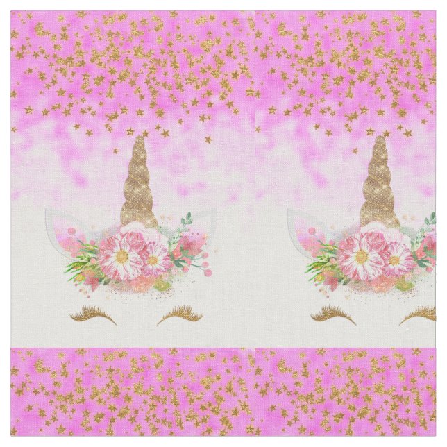 Rosa Fantasy och Golden Stars Unicorn Tyg (Närbild)