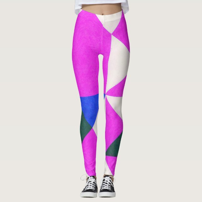Rosa Färg Block Abstrakt Art Leggings (Framsida)