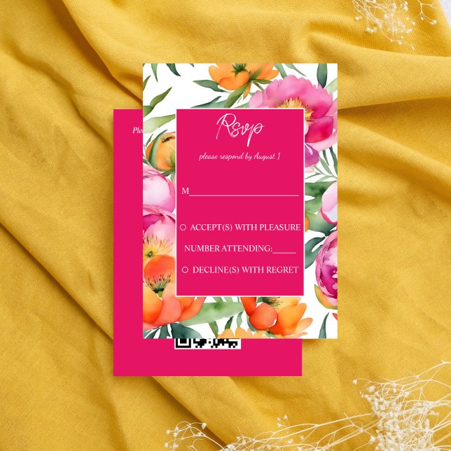 Rosa färg orange  peonies elegant OSA Tilläggskort (Bold colors pink orange peonies elegant RSVP Enclosure Card wedding response card modern qr rsvp)