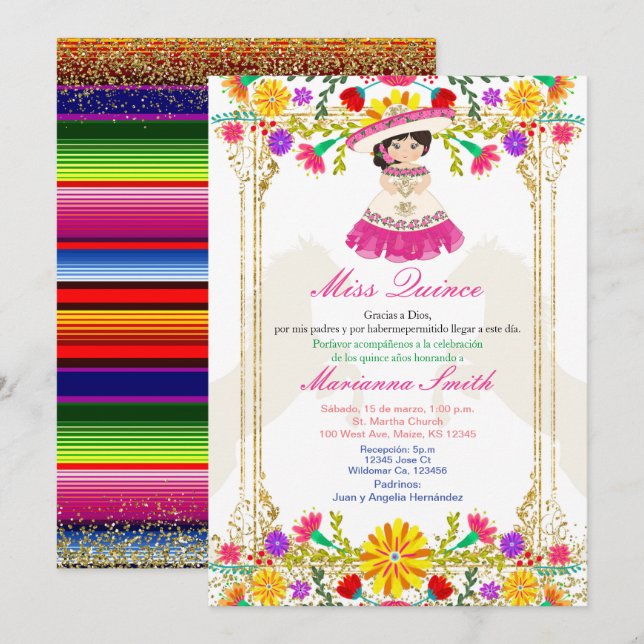 Rosa färgglad mexikansk blomster-quinceañera  inbjudningar (Fram/baksida)
