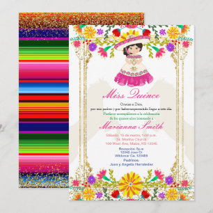 Rosa färgglad mexikansk blomster-quinceañera inbjudningar